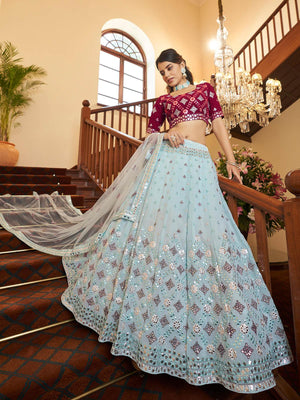 Impressive Sky Blue Georgette Lehenga Set - Rajwada