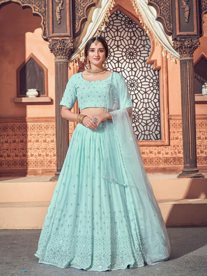 Impressive Sky Blue Georgette Lehenga Set - Rajwada