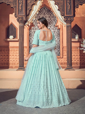 Impressive Sky Blue Georgette Lehenga Set - Rajwada