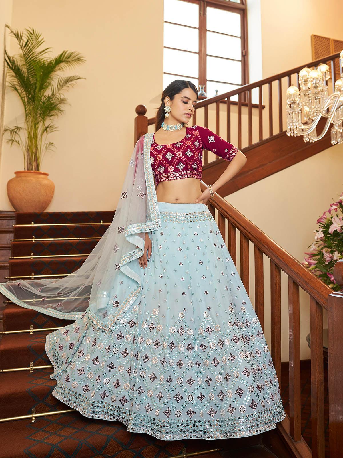 Impressive Sky Blue Georgette Lehenga Set - Rajwada