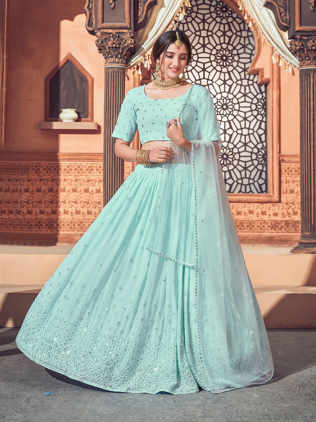 Impressive Sky Blue Georgette Lehenga Set - Rajwada