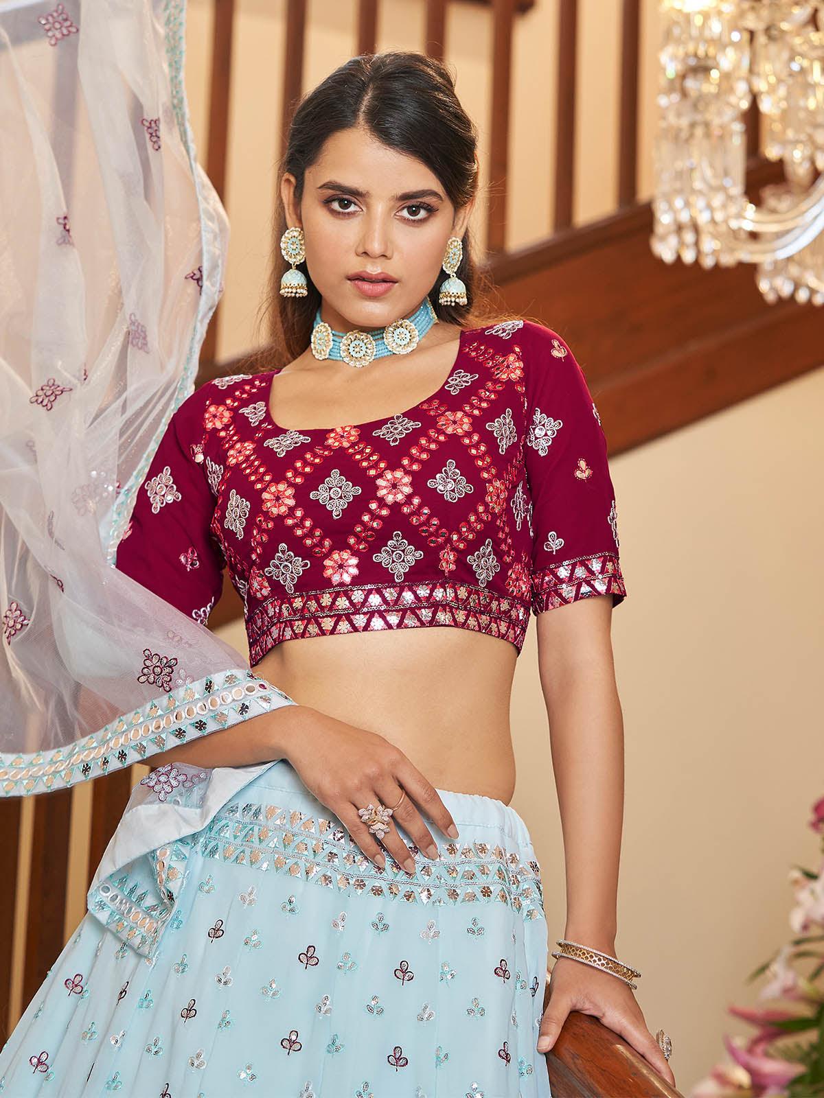 Impressive Sky Blue Georgette Lehenga Set - Rajwada