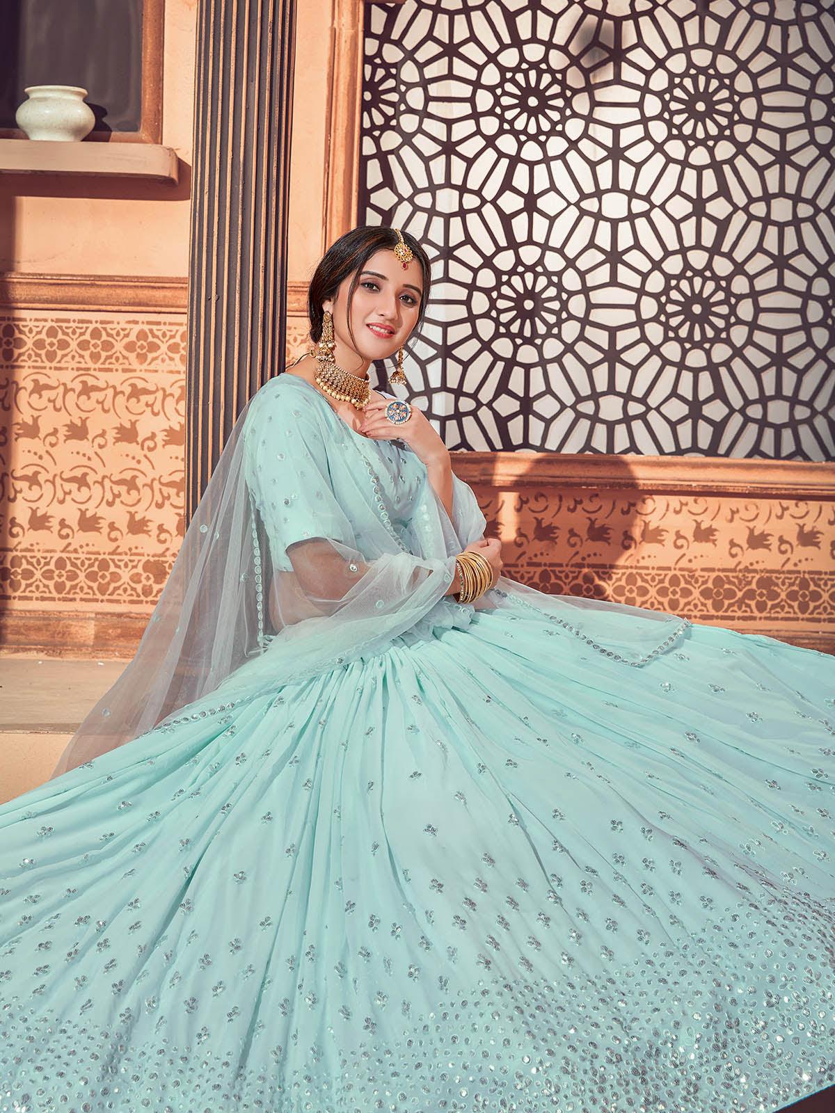 Impressive Sky Blue Georgette Lehenga Set - Rajwada