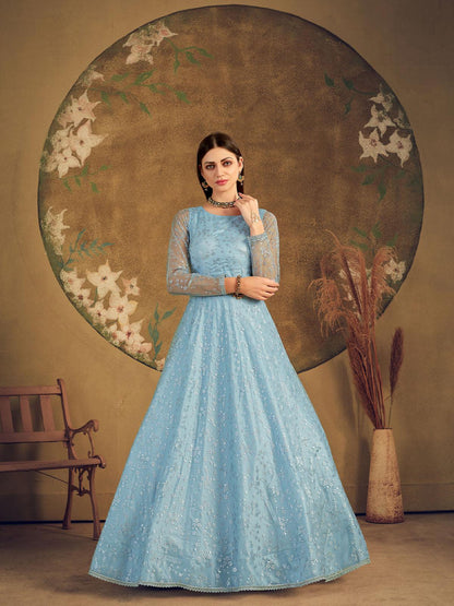 Impressive Sky Blue Net Anarkali - Rajwada