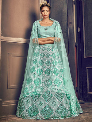 Impressive Turquoise Blue Net Sequins Lehenga Set - Rajwada