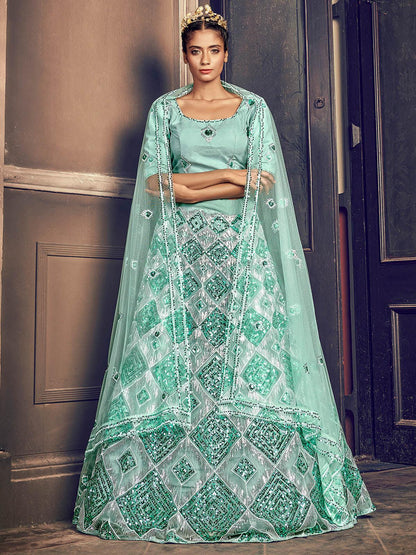 Impressive Turquoise Blue Net Sequins Lehenga Set - Rajwada