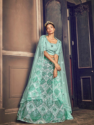 Impressive Turquoise Blue Net Sequins Lehenga Set - Rajwada