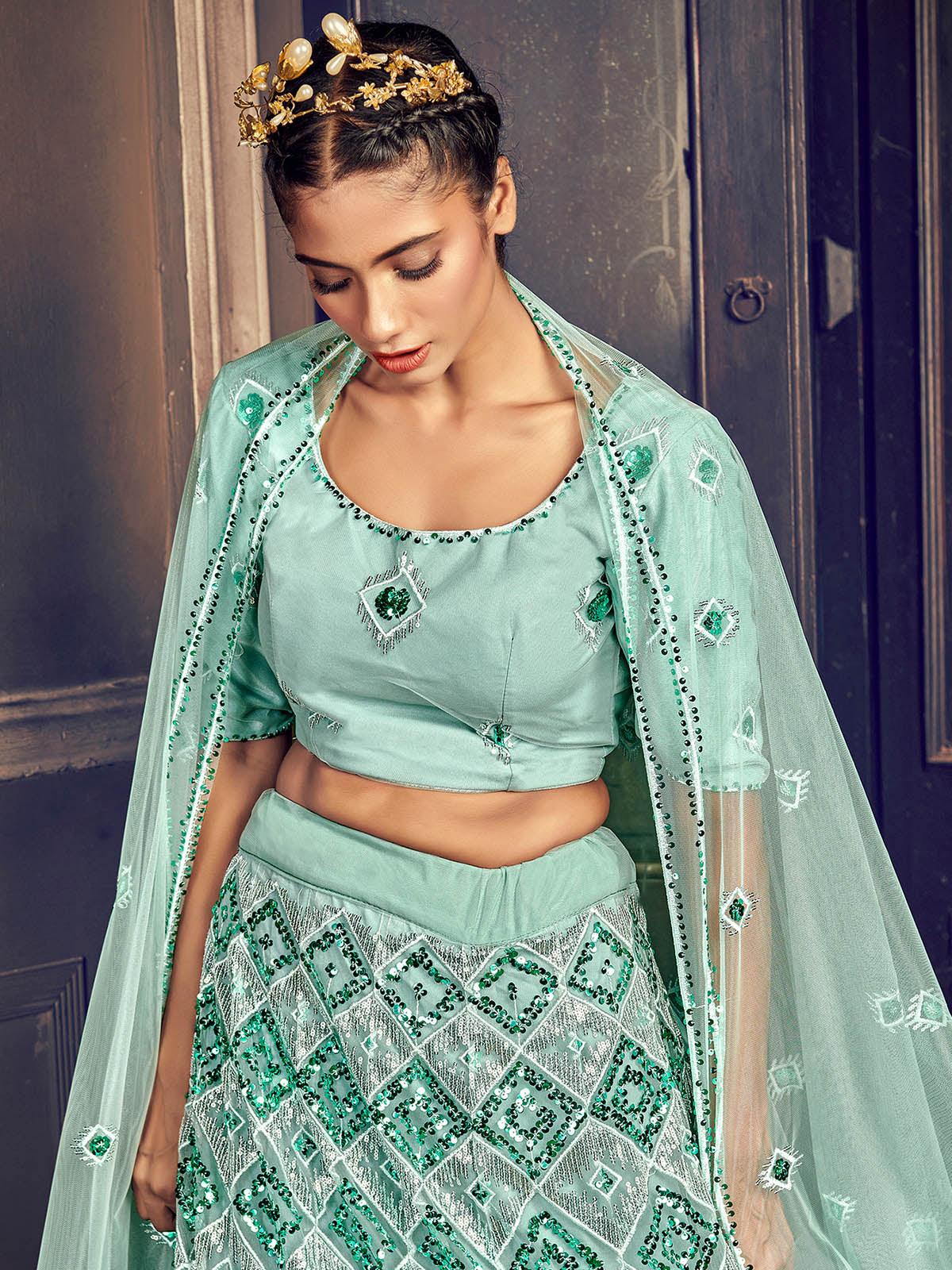 Impressive Turquoise Blue Net Sequins Lehenga Set - Rajwada