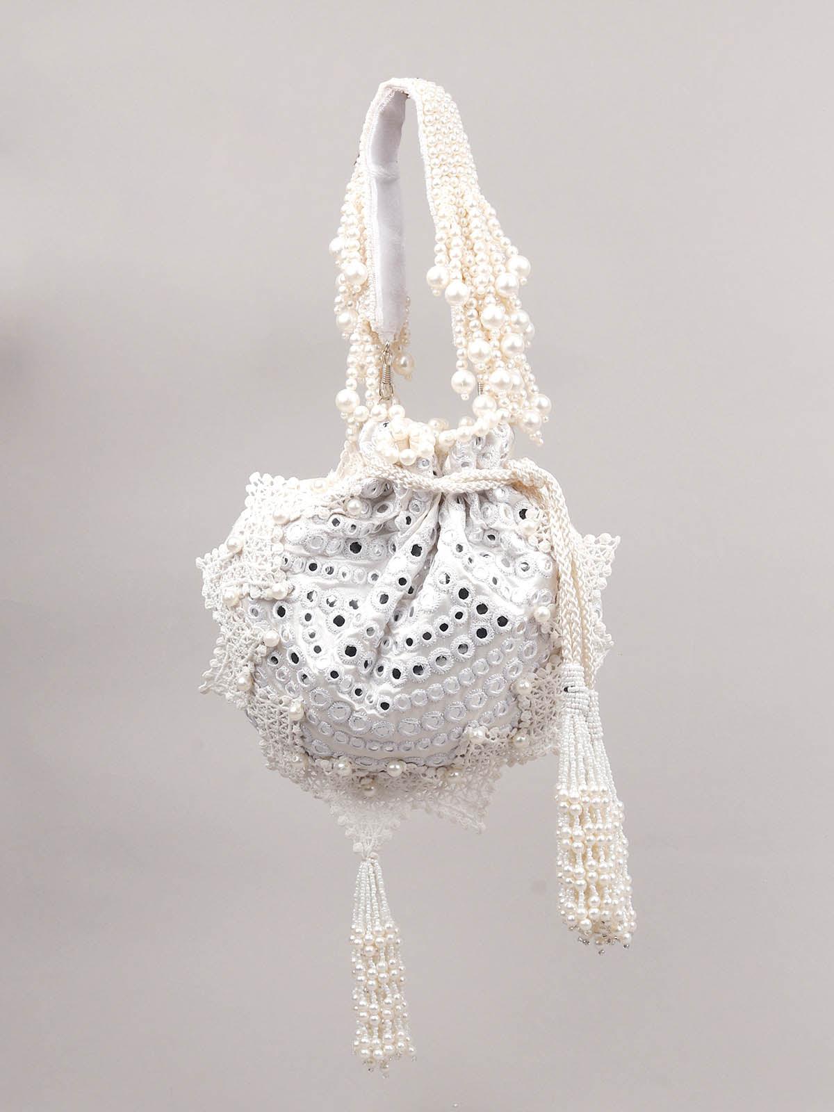 IMPRESSIVE WHITE EMBELLISHED POTLI BAG - Rajwada