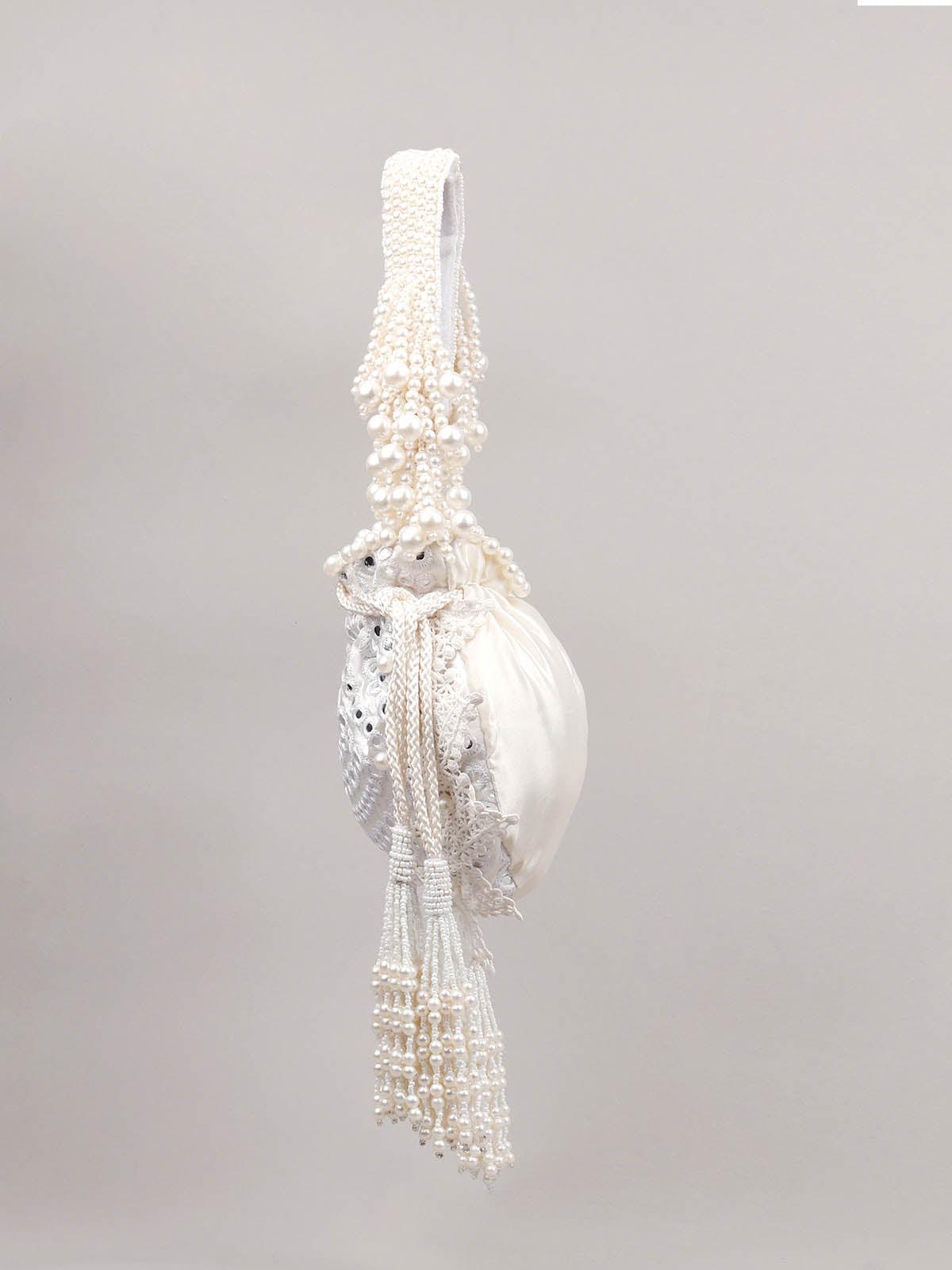 IMPRESSIVE WHITE EMBELLISHED POTLI BAG - Rajwada