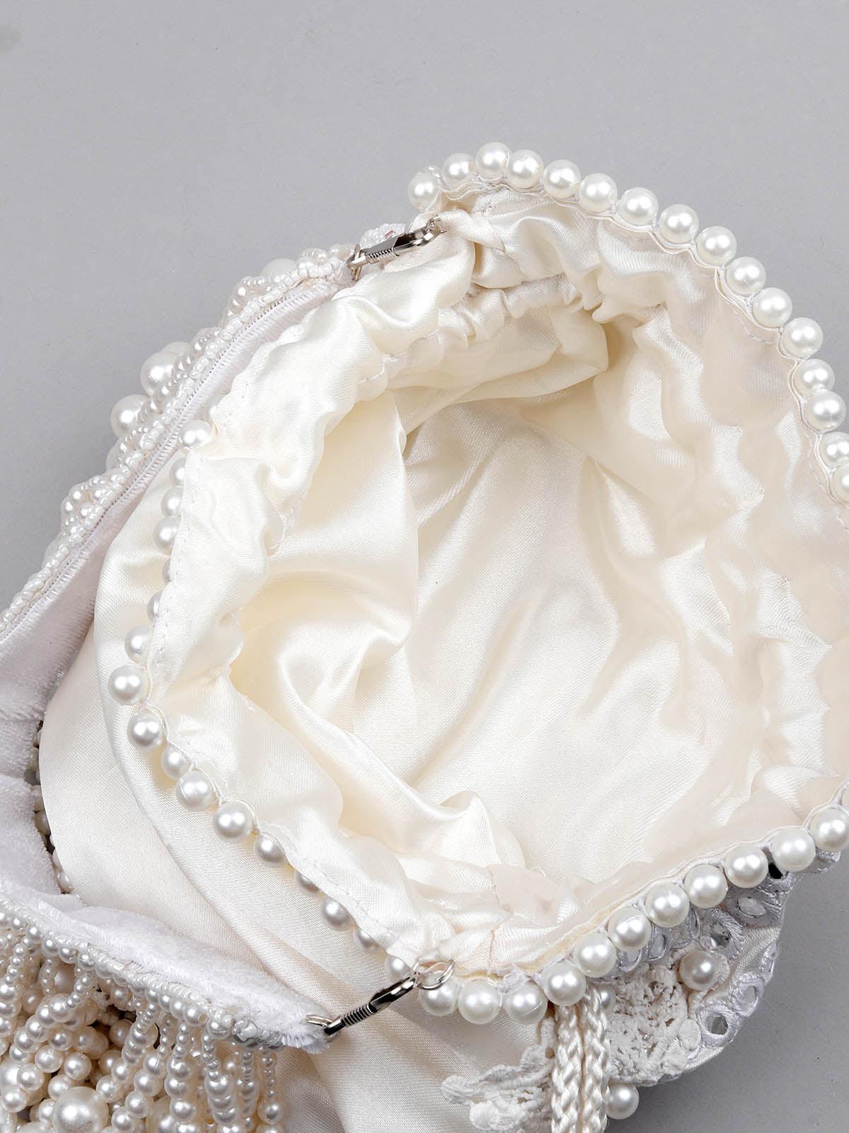 IMPRESSIVE WHITE EMBELLISHED POTLI BAG - Rajwada