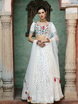 Impressive White Georgette Lehenga Set - Rajwada