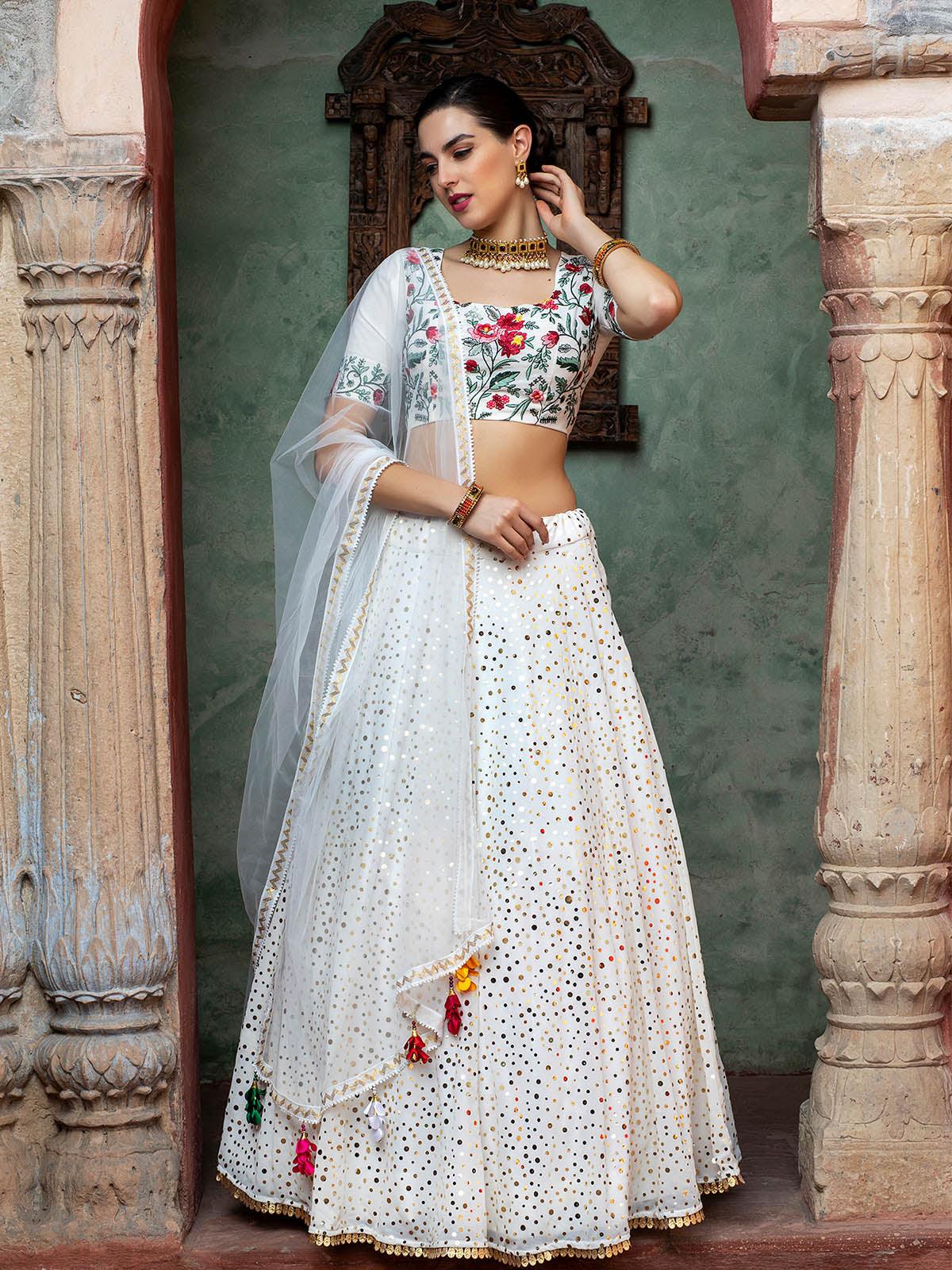 Impressive White Georgette Lehenga Set - Rajwada