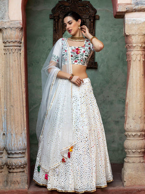 Impressive White Georgette Lehenga Set - Rajwada