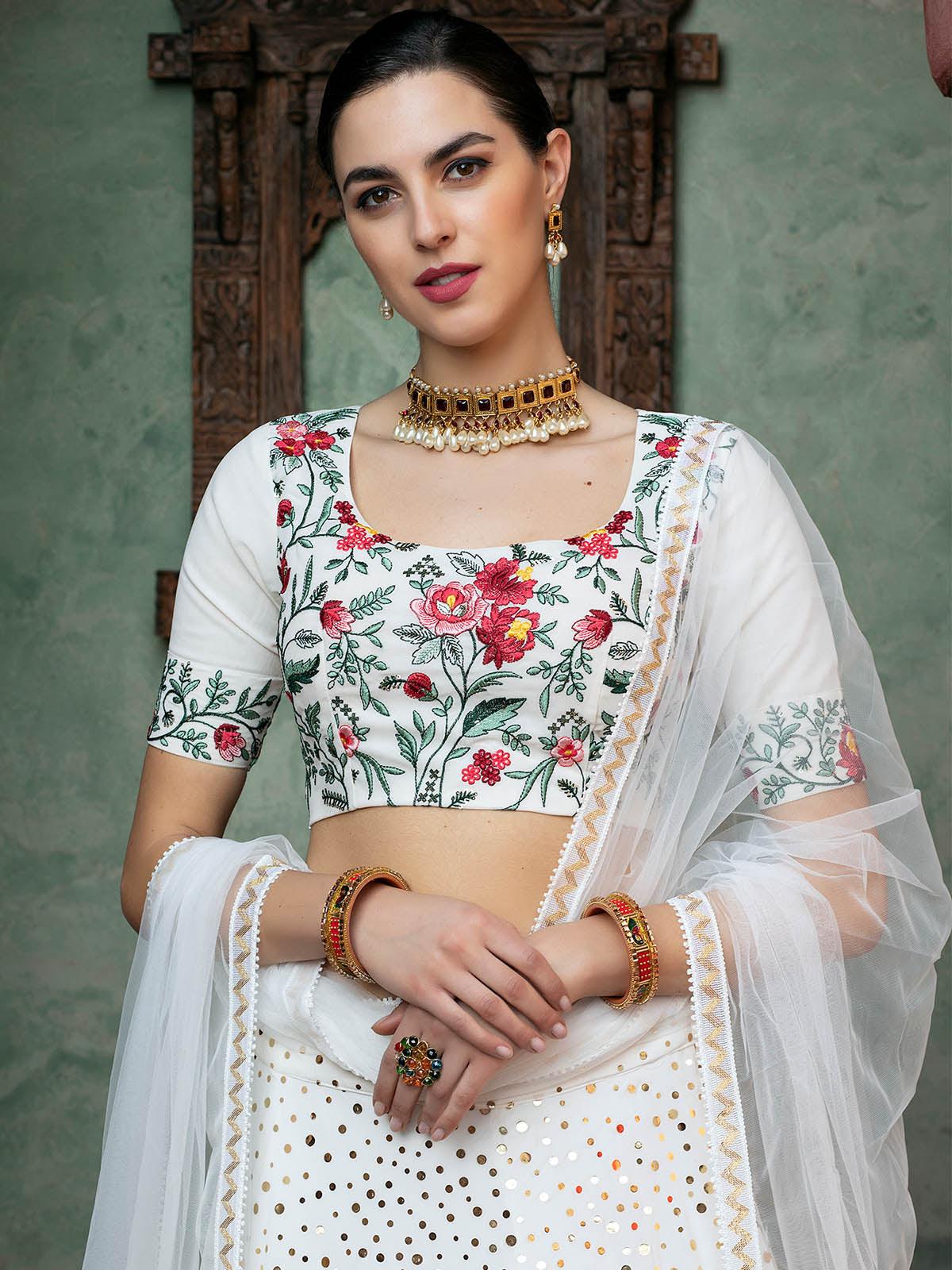 Impressive White Georgette Lehenga Set - Rajwada