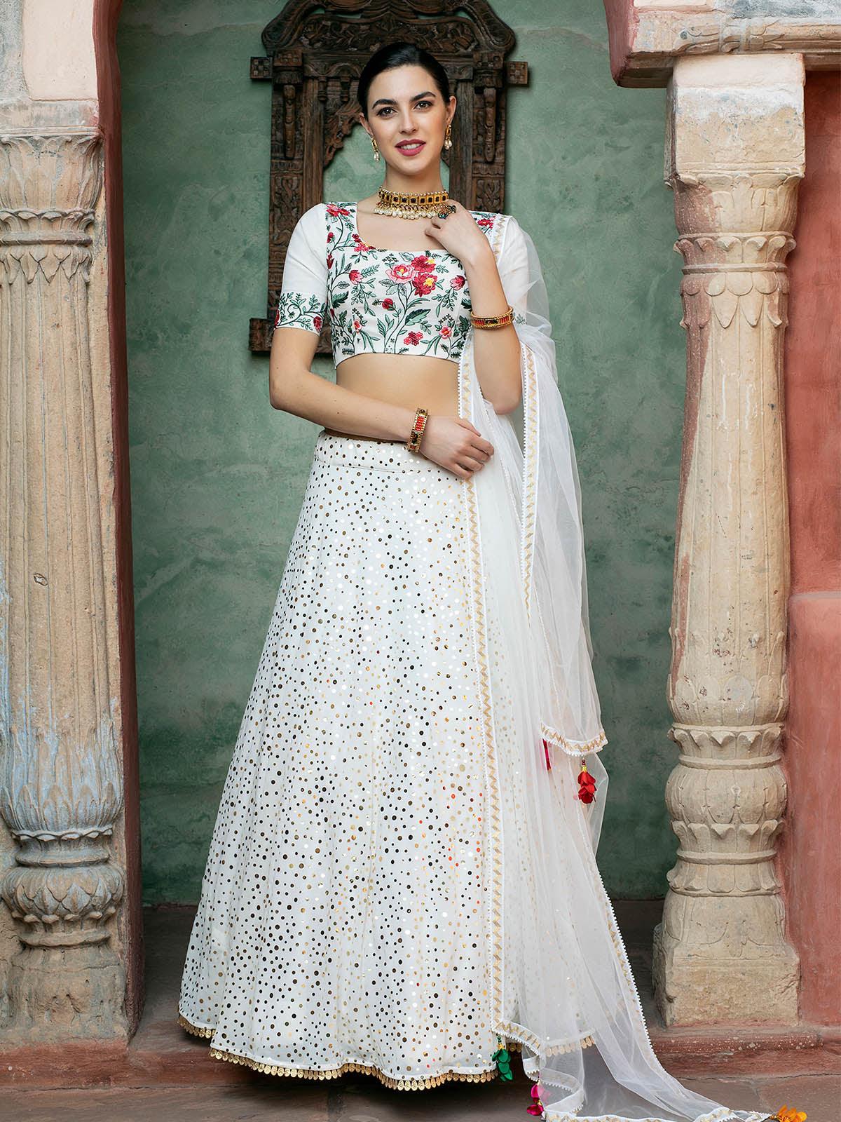 Impressive White Georgette Lehenga Set - Rajwada