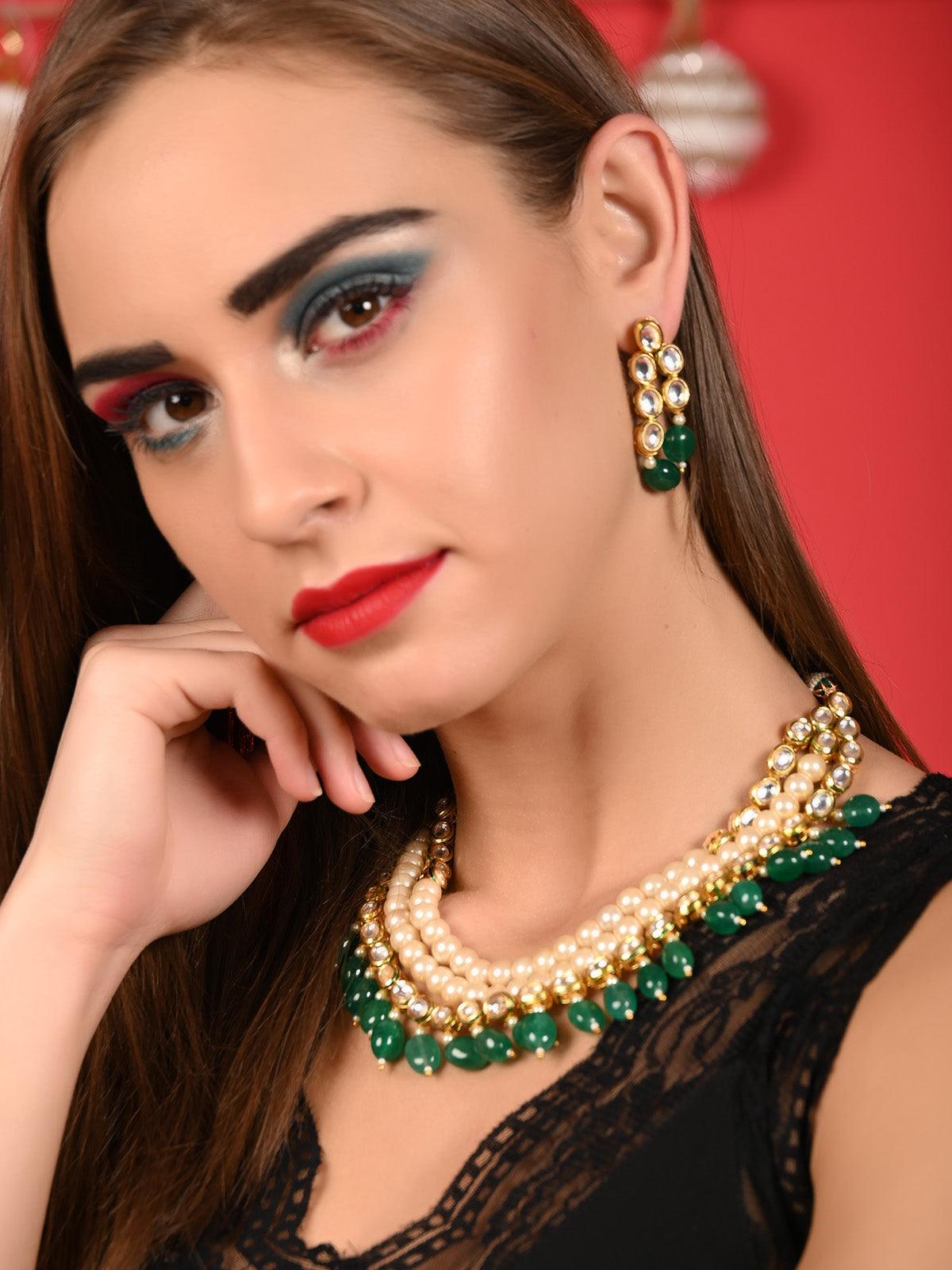 Layered Blissful Green Kundan-Pearl-Mani Necklace Set - Rajwada