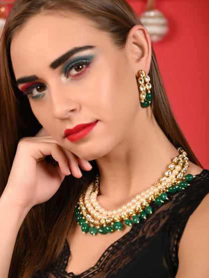 Layered Blissful Green Kundan-Pearl-Mani Necklace Set - Rajwada