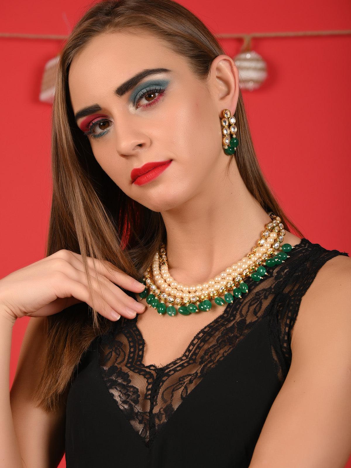 Layered Blissful Green Kundan-Pearl-Mani Necklace Set - Rajwada