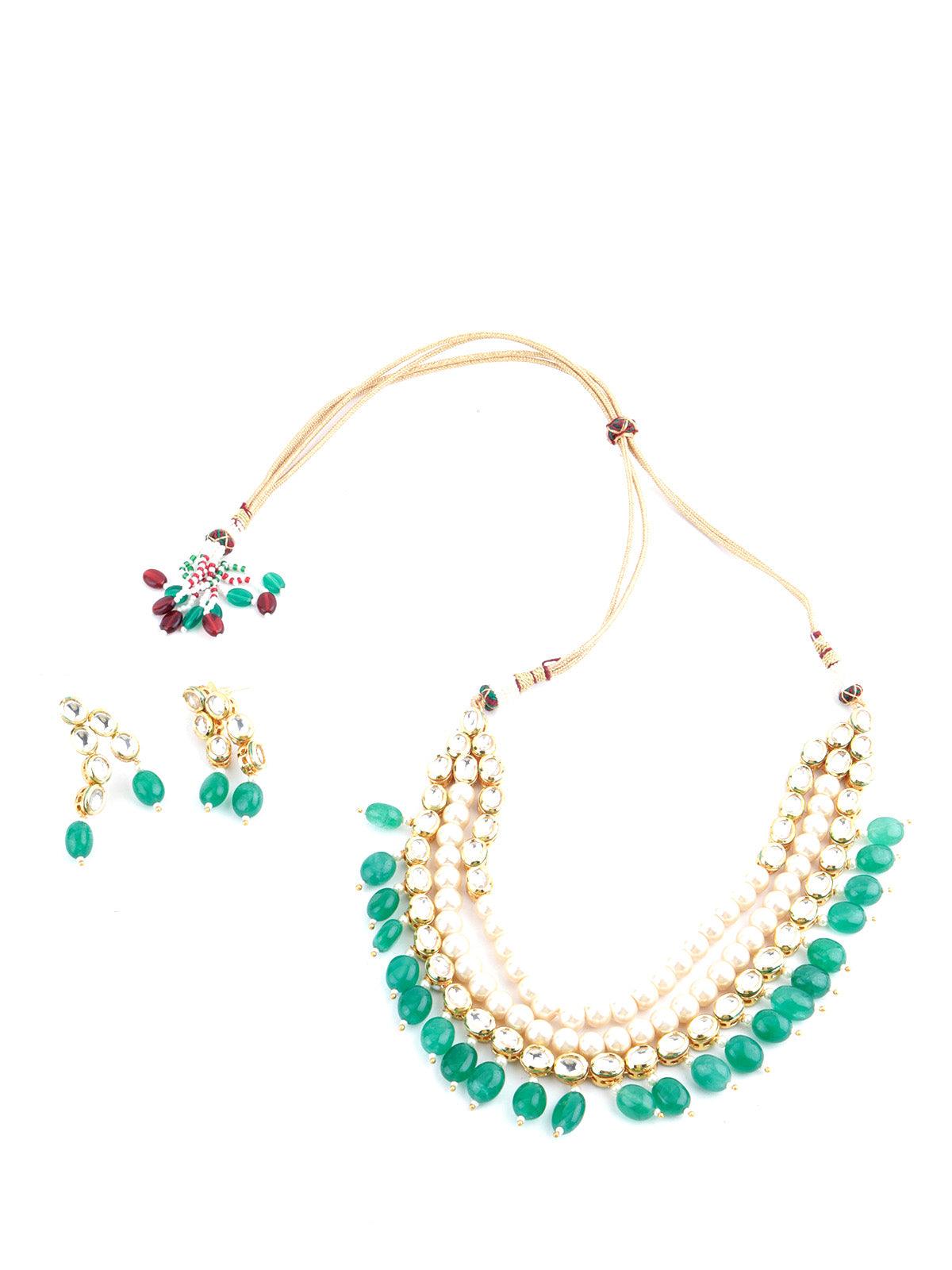 Layered Blissful Green Kundan-Pearl-Mani Necklace Set - Rajwada