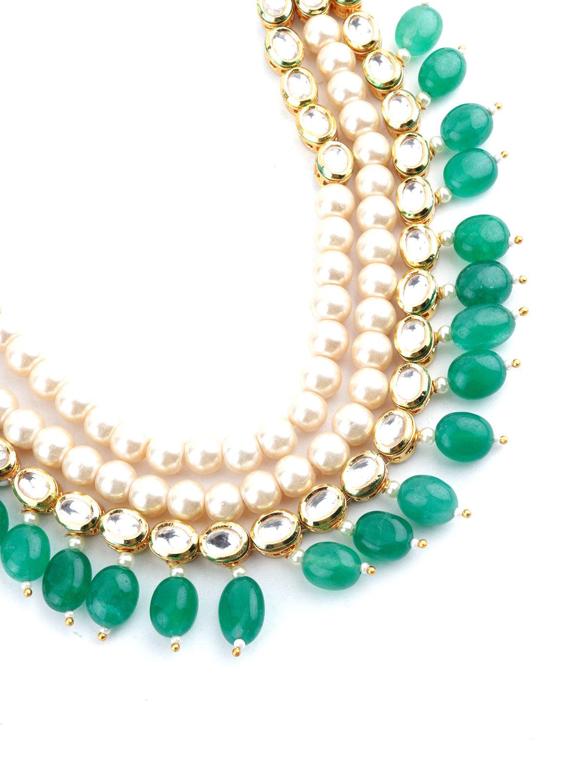 Layered Blissful Green Kundan-Pearl-Mani Necklace Set - Rajwada