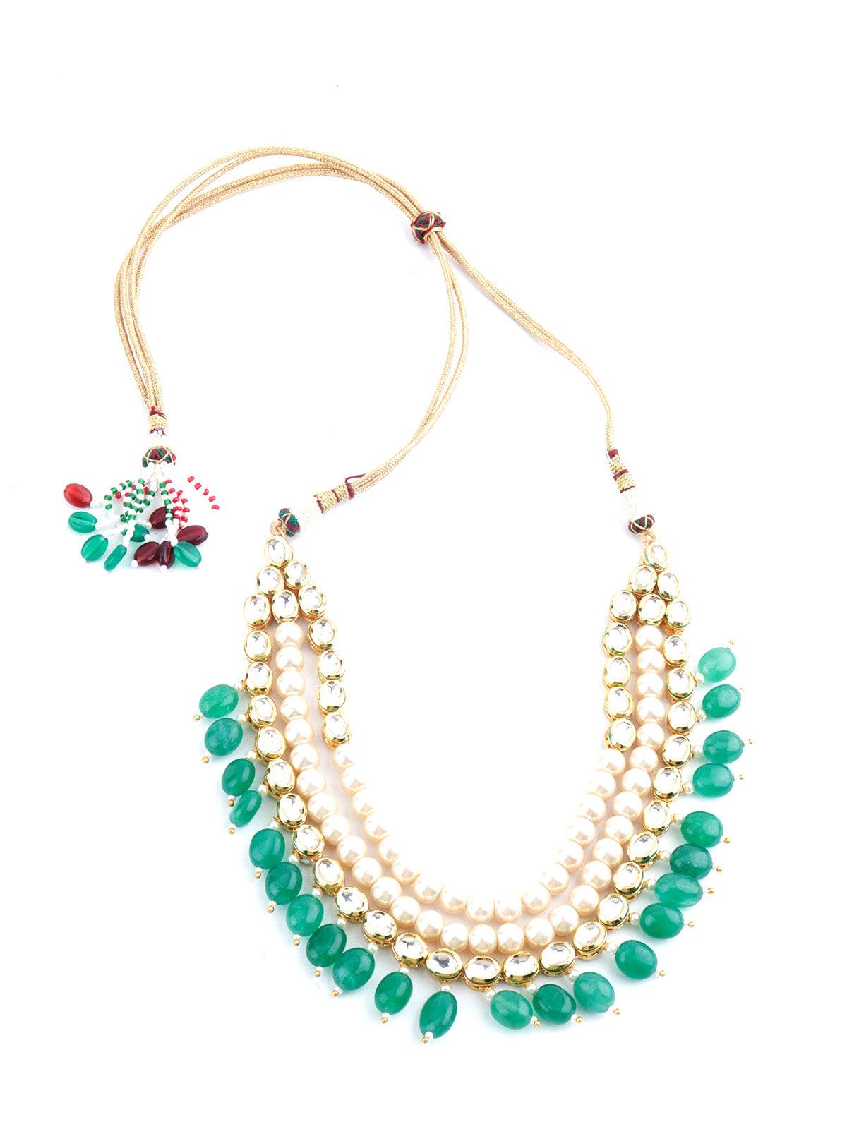 Layered Blissful Green Kundan-Pearl-Mani Necklace Set - Rajwada