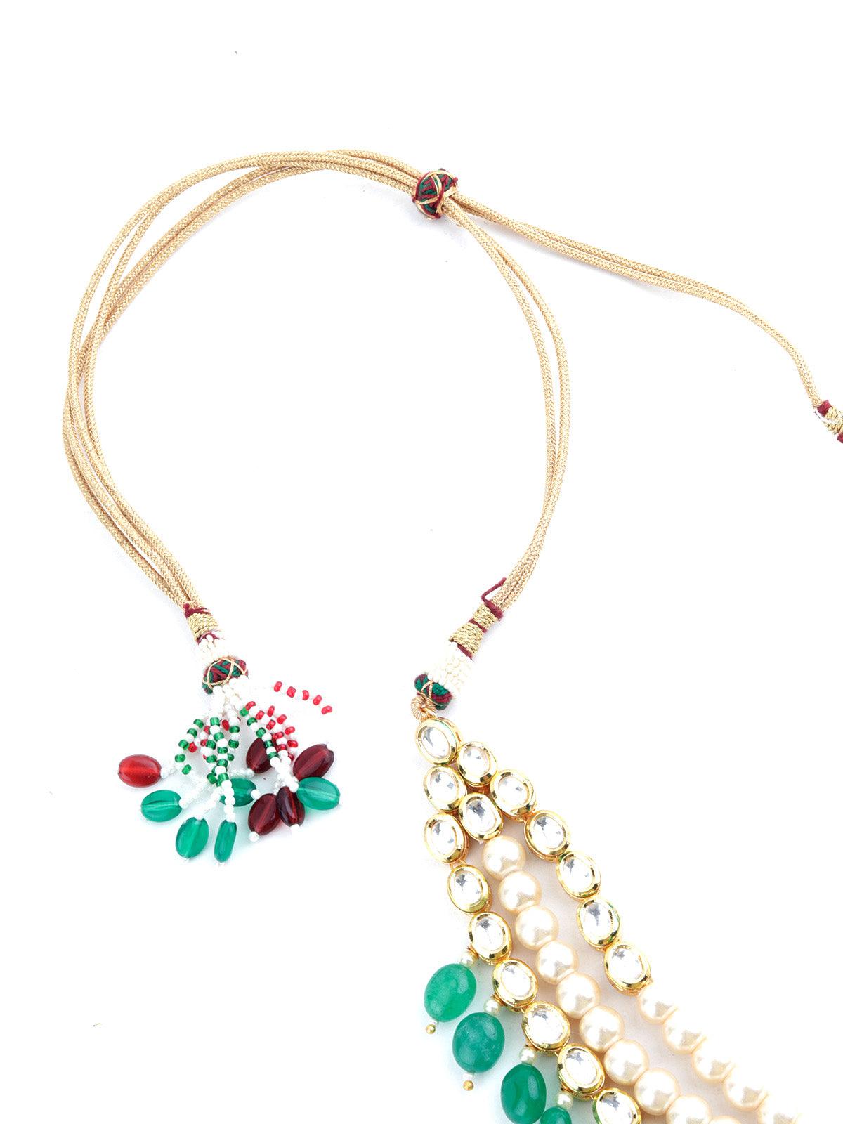 Layered Blissful Green Kundan-Pearl-Mani Necklace Set - Rajwada