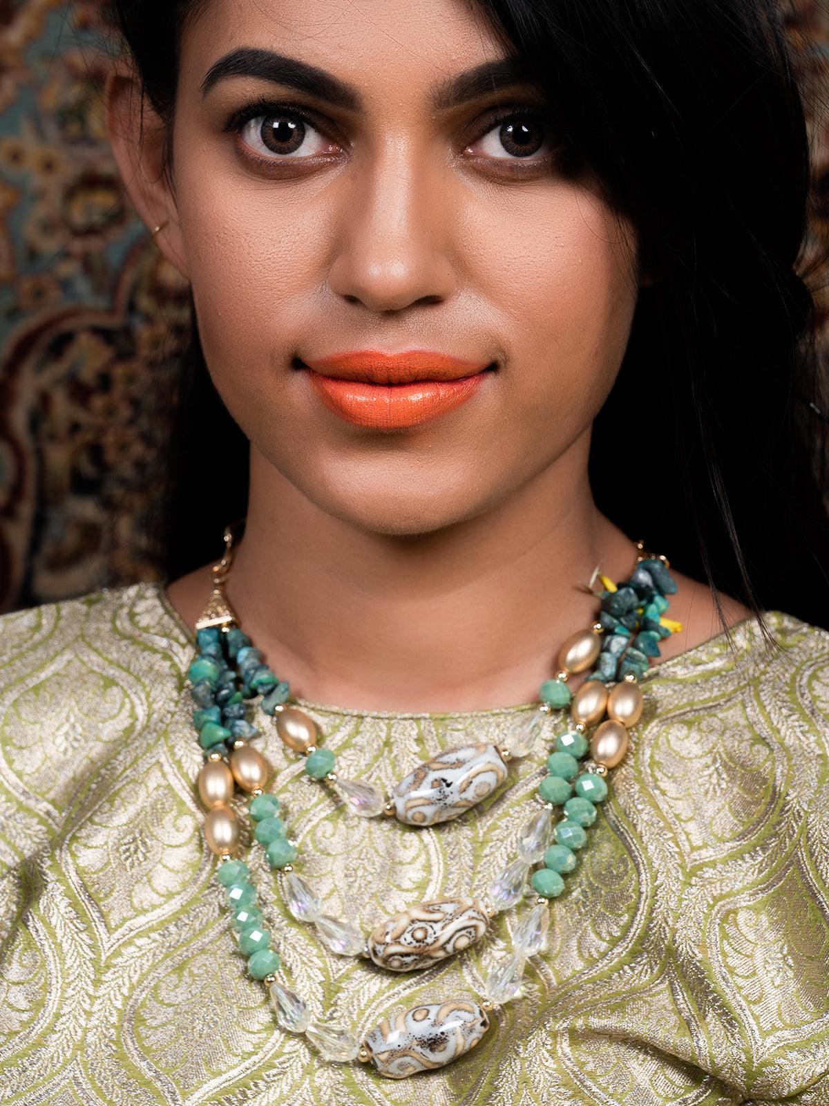 Layered Sea Green Crystal Necklace - Rajwada
