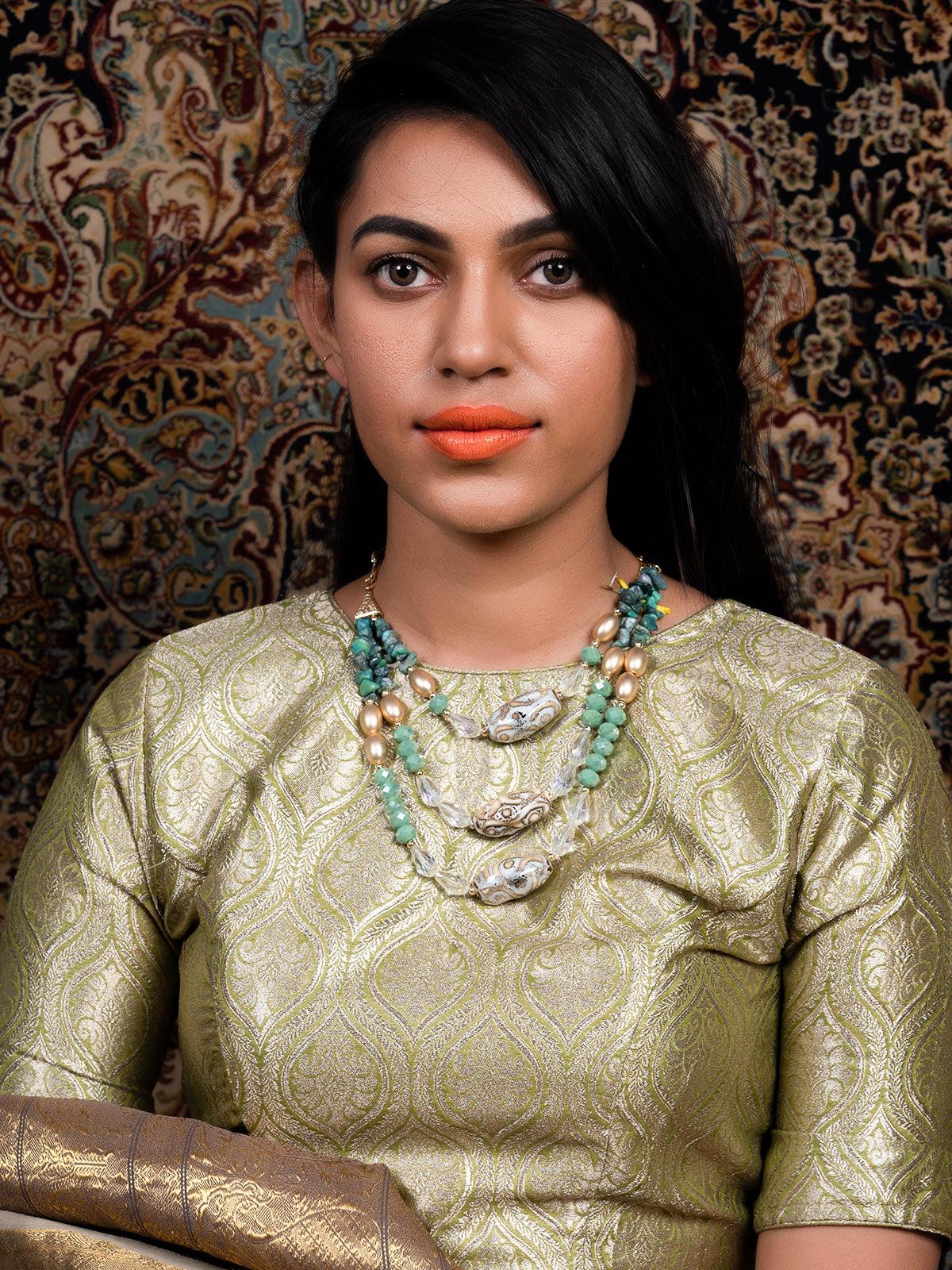 Layered Sea Green Crystal Necklace - Rajwada