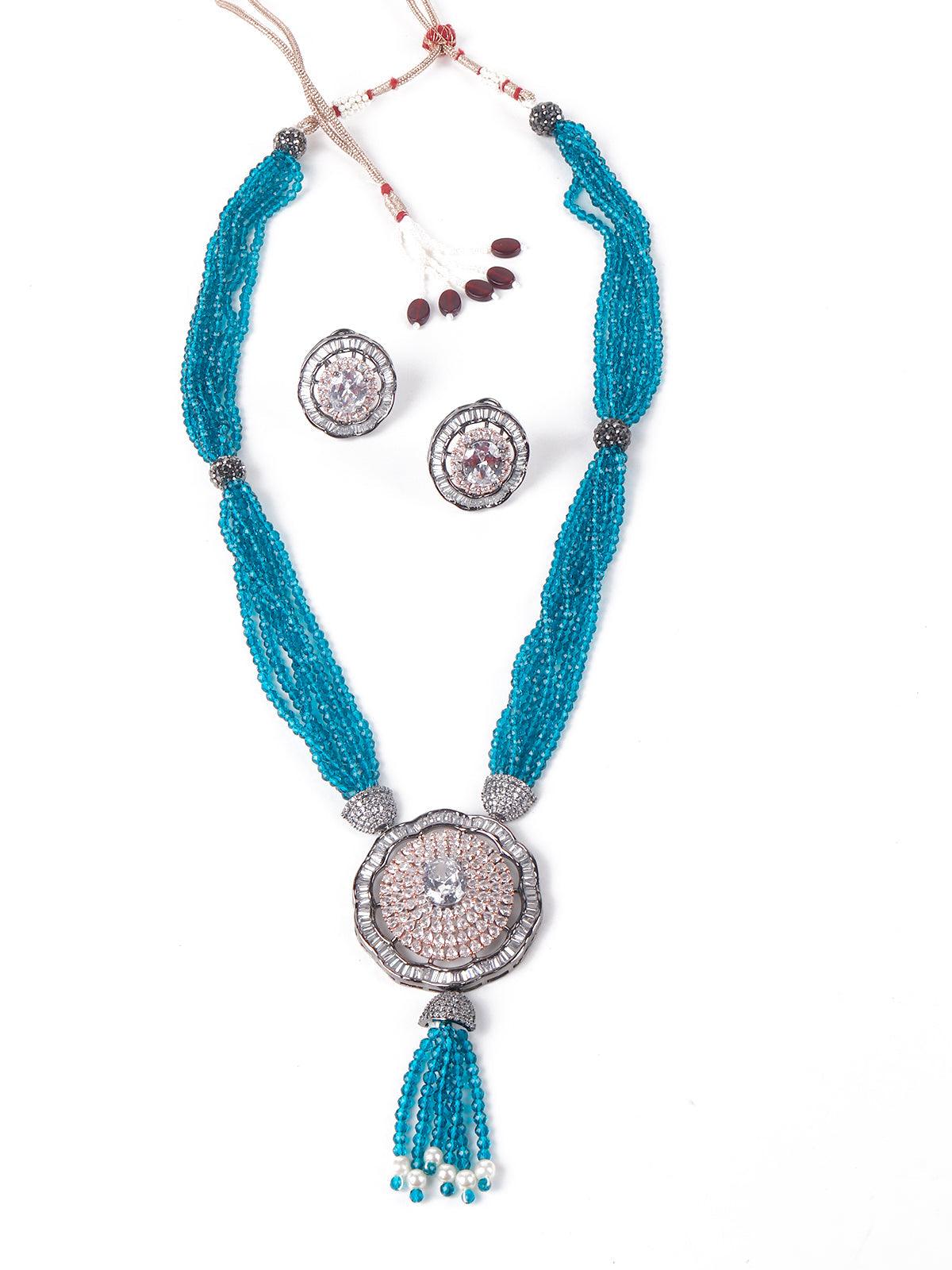 Light blue beautiful beaded pendant necklace set - Rajwada