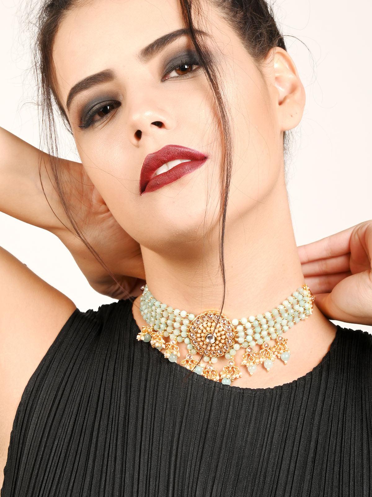 Light Green Ethnic Choker Necklace Set - Rajwada