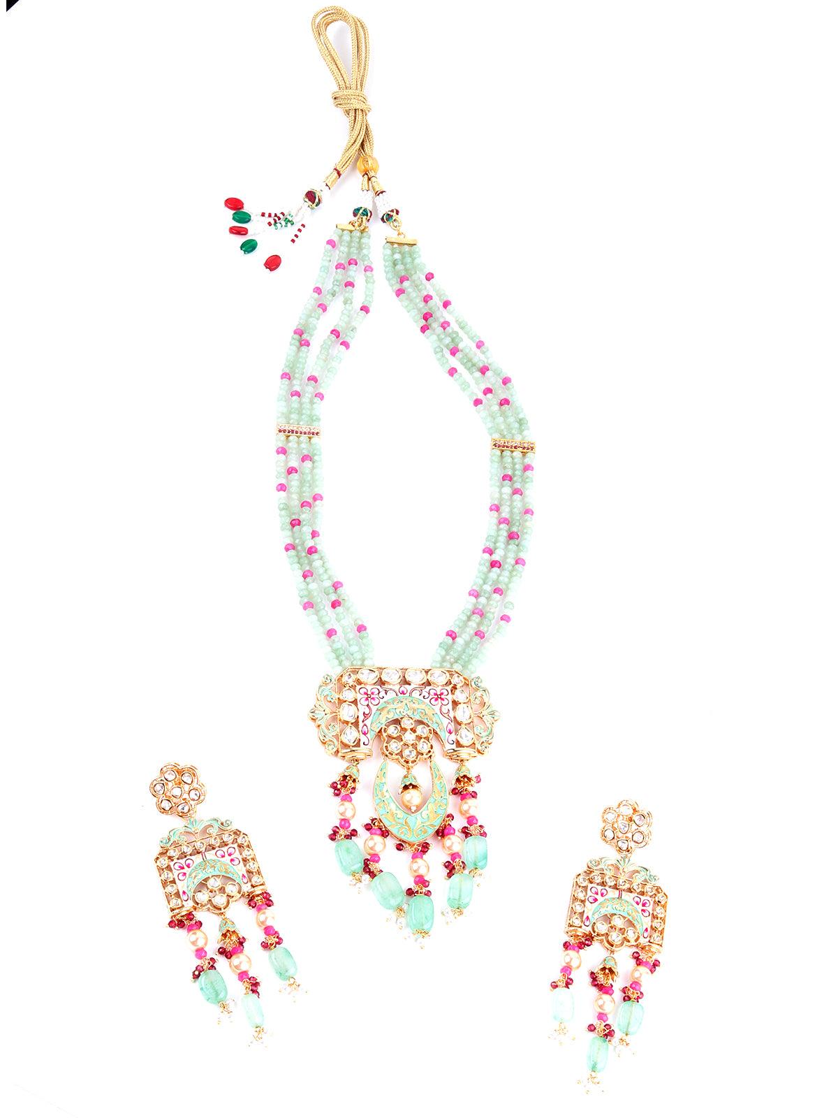 Light Kelly Green And Ruby Pink Necklace Set - Rajwada