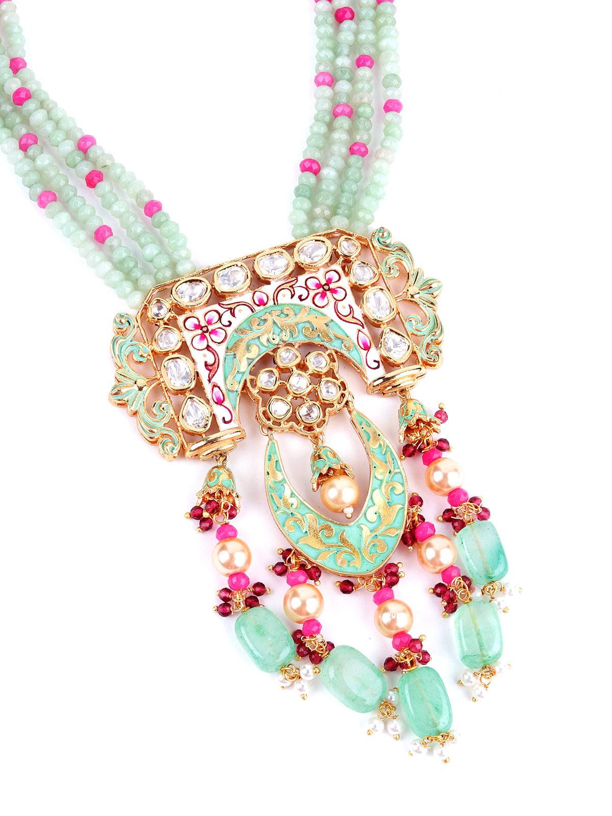 Light Kelly Green And Ruby Pink Necklace Set - Rajwada