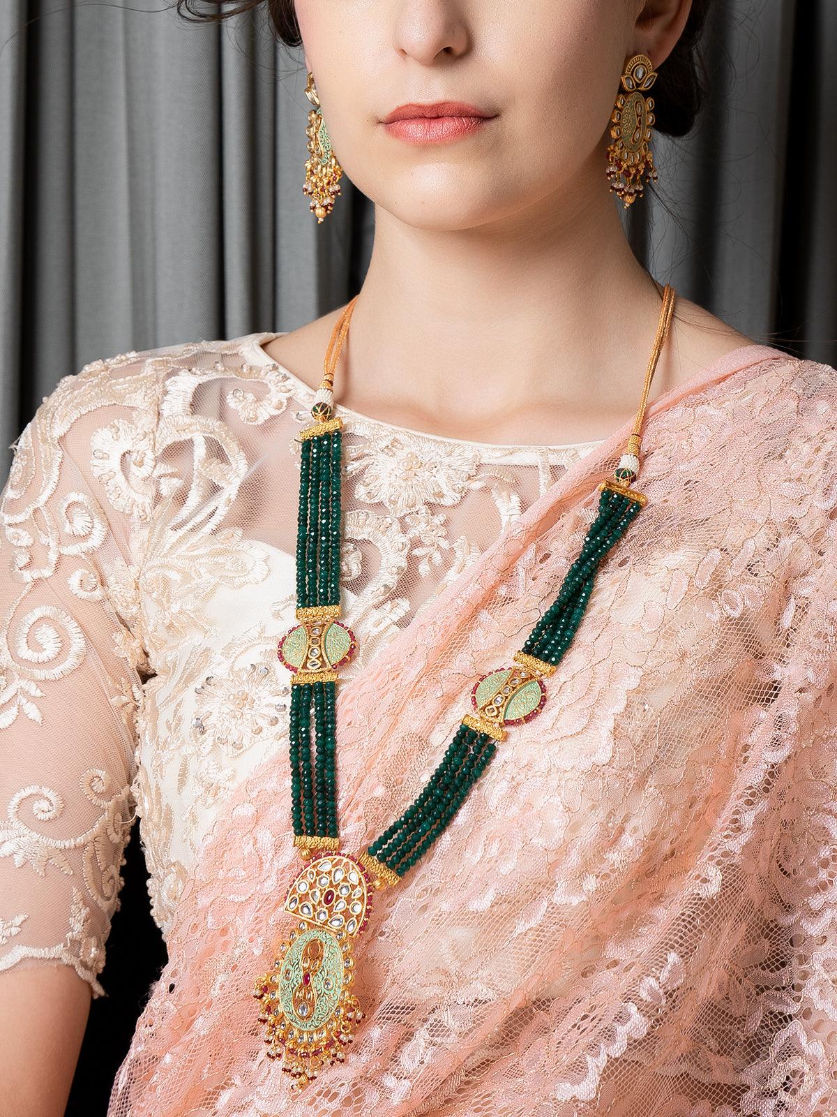 Long Stupefying GreenOnyx Kundan Necklace Set - Rajwada
