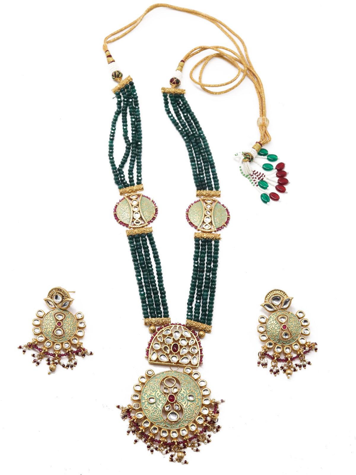 Long Stupefying GreenOnyx Kundan Necklace Set - Rajwada
