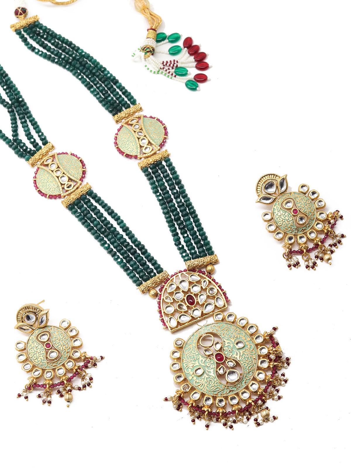 Long Stupefying GreenOnyx Kundan Necklace Set - Rajwada