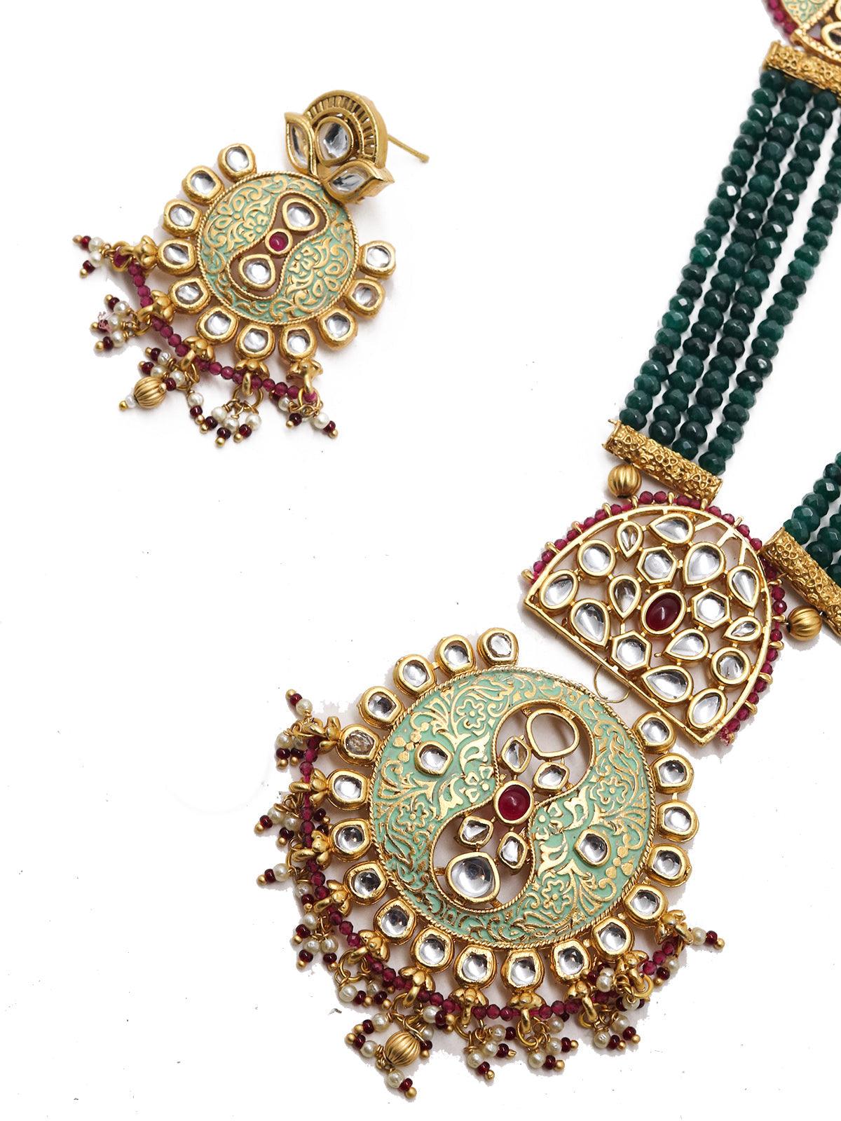 Long Stupefying GreenOnyx Kundan Necklace Set - Rajwada