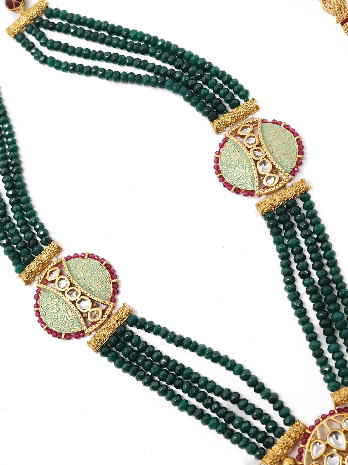 Long Stupefying GreenOnyx Kundan Necklace Set - Rajwada