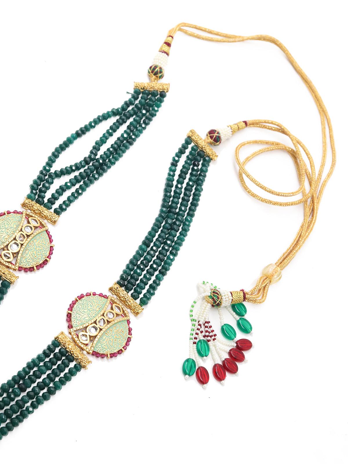Long Stupefying GreenOnyx Kundan Necklace Set - Rajwada