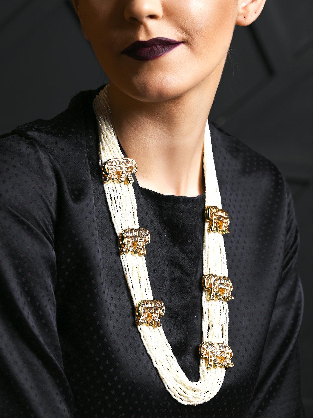 Long White Pearl Chain with Elephant Stud - Rajwada