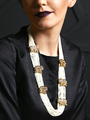 Long White Pearl Chain with Elephant Stud - Rajwada