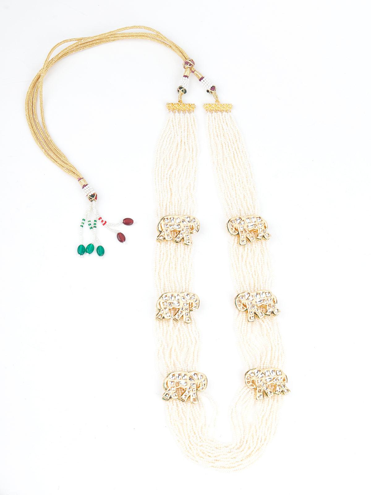 Long White Pearl Chain with Elephant Stud - Rajwada