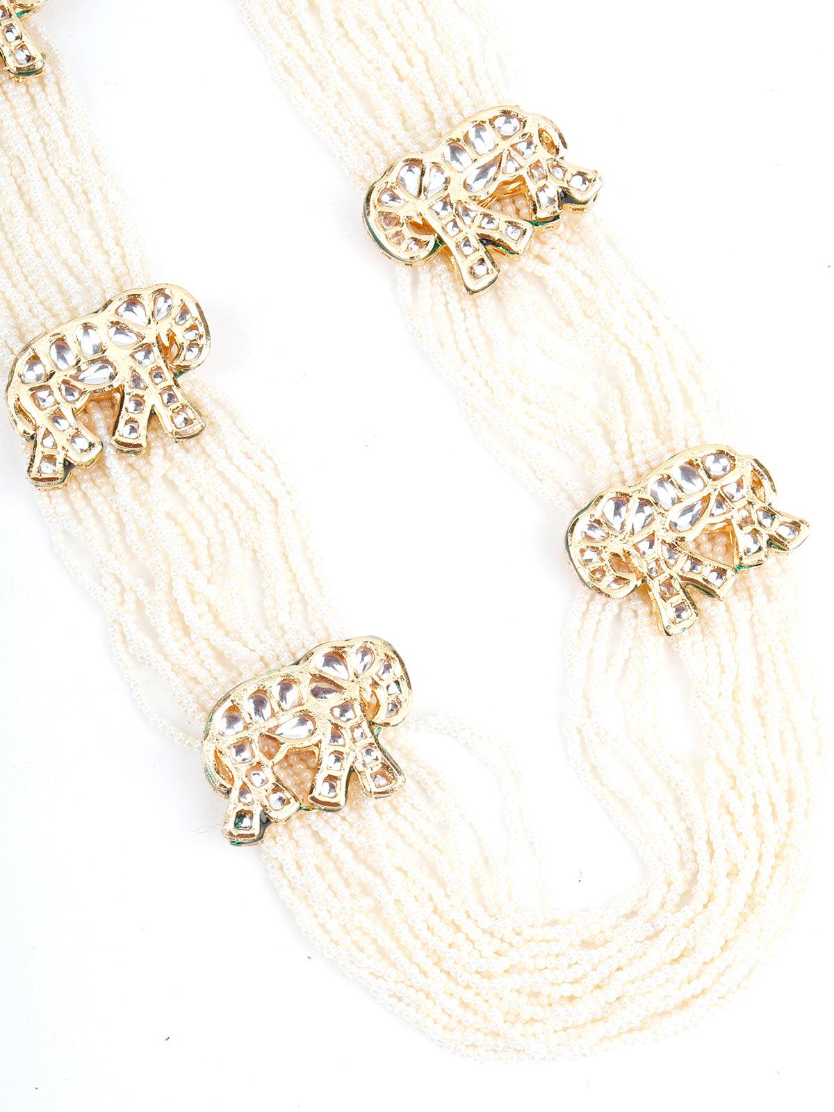 Long White Pearl Chain with Elephant Stud - Rajwada
