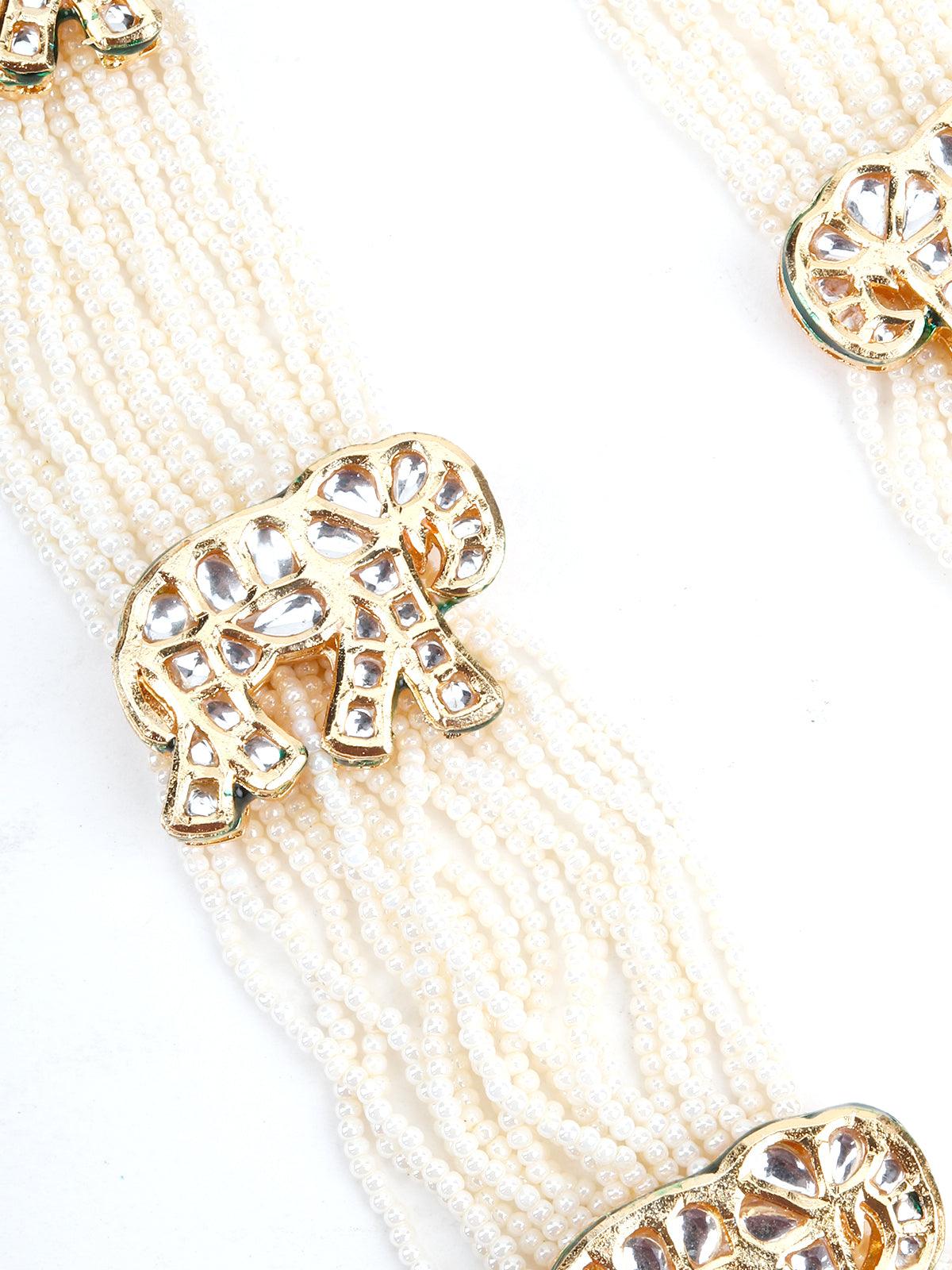 Long White Pearl Chain with Elephant Stud - Rajwada