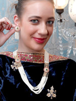 Long White Pearl Necklace Set with Floral Details for Women - Rajwada