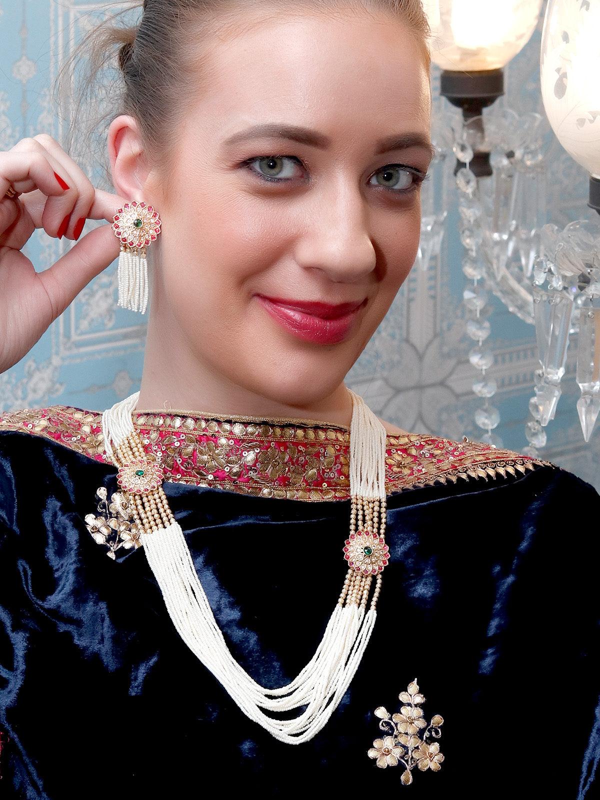 Long White Pearl Necklace Set with Floral Details for Women - Rajwada