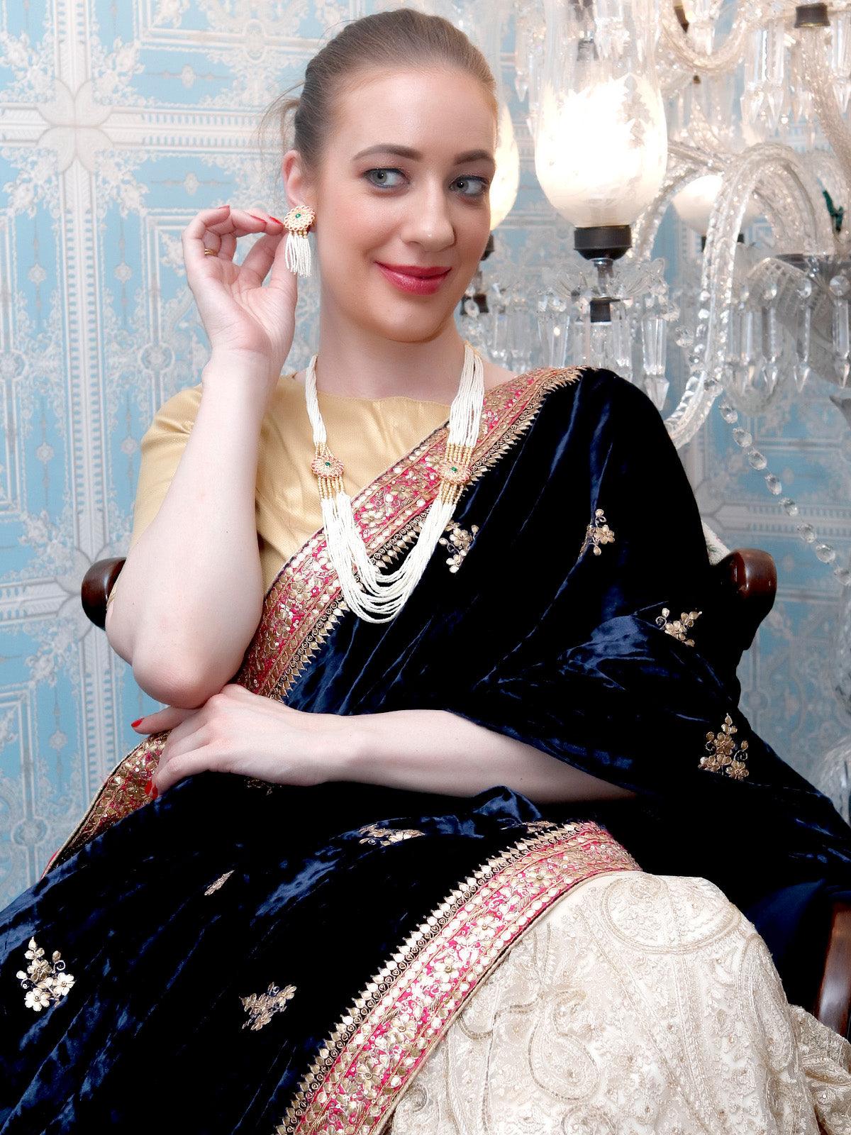 Long White Pearl Necklace Set with Floral Details for Women - Rajwada