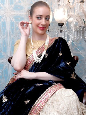 Long White Pearl Necklace Set with Floral Details for Women - Rajwada