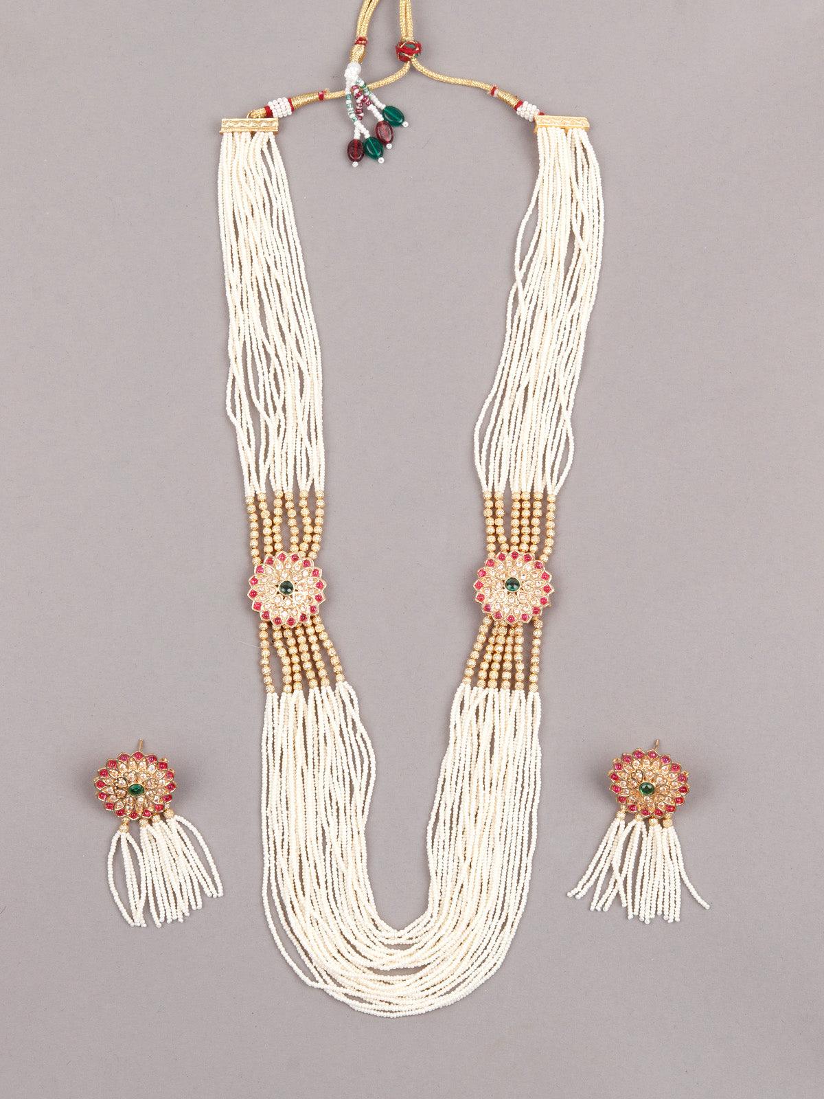Long White Pearl Necklace Set with Floral Details for Women - Rajwada