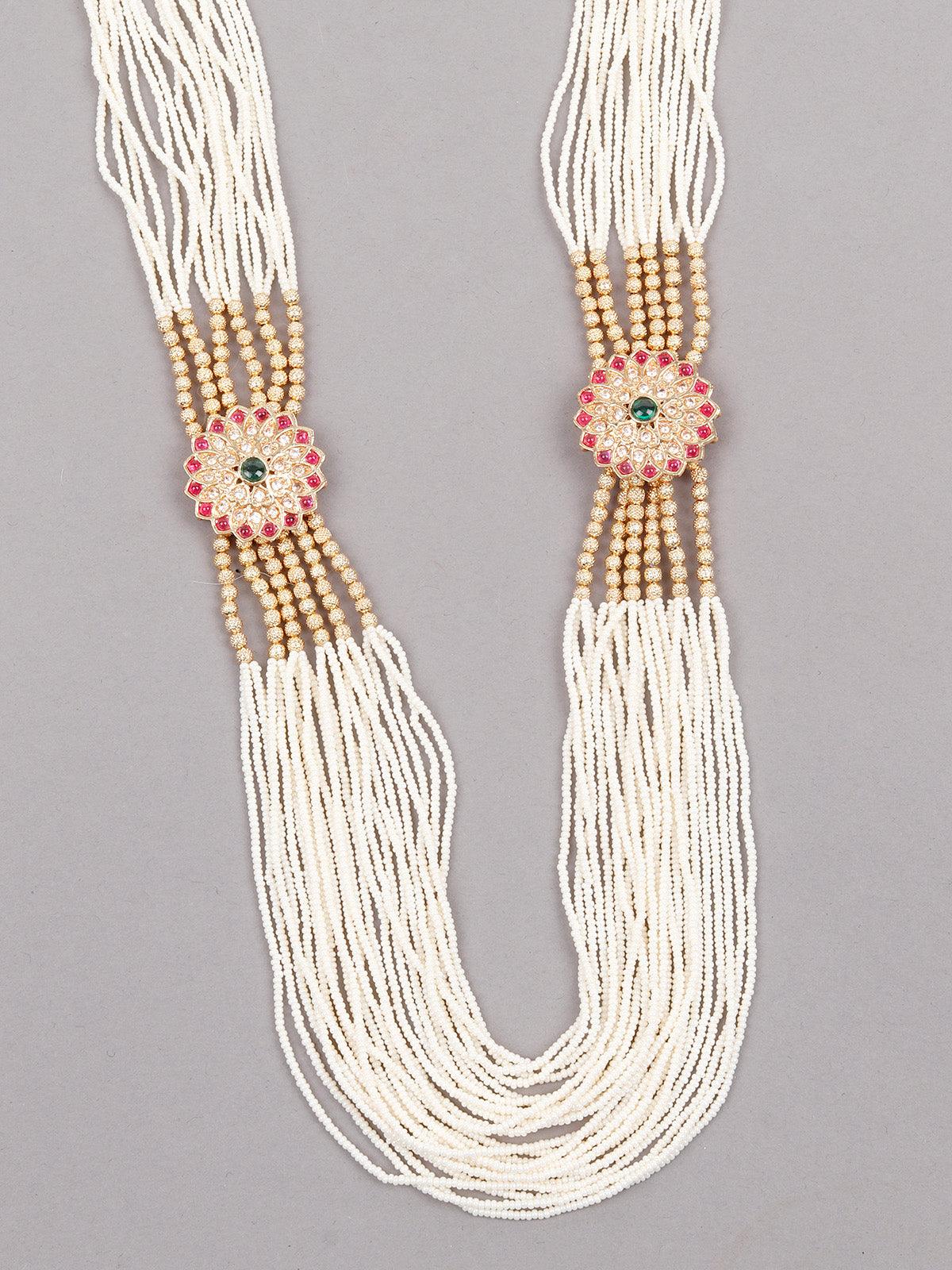 Long White Pearl Necklace Set with Floral Details for Women - Rajwada